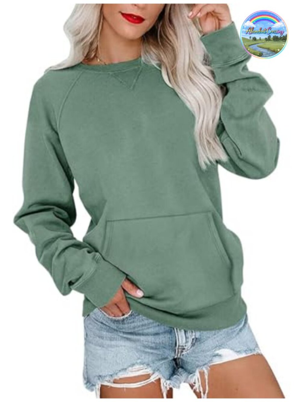 Womens Crewneck Sweatshirt Kangaroo Pocket Lightweight Pullover Top